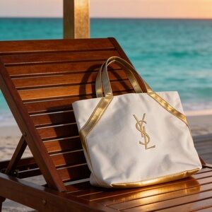 Yves Saint Laurent White promotional perfume Tote with Gold Trim and YSL Logo.